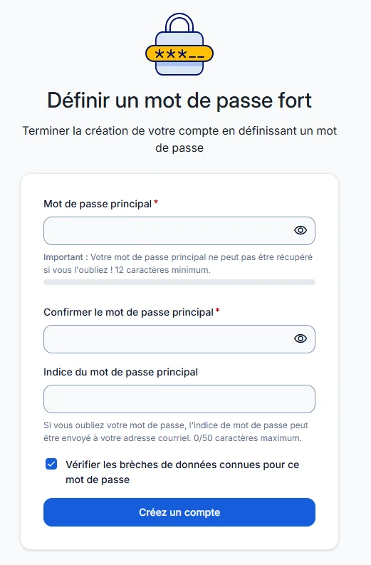 Création du compte Bitwarden : mot de passe principal de 12 caractères minimum, avertissement de non-récupération, vérification des brèches cochée