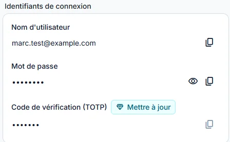 Fiche Bitwarden en gratuit : la clé TOTP est enregistrée mais la génération du code de vérification affiche le badge Premium « Mettre à jour »