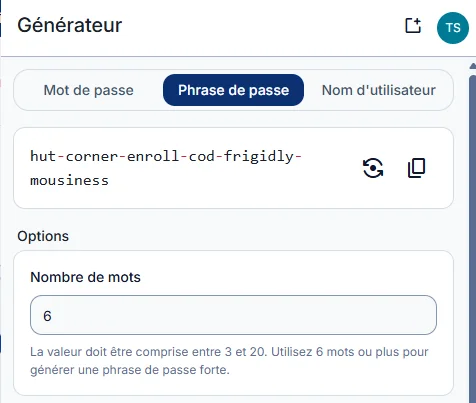 Générateur Bitwarden en mode phrase de passe : 6 mots anglais séparés par des tirets, réglages par défaut