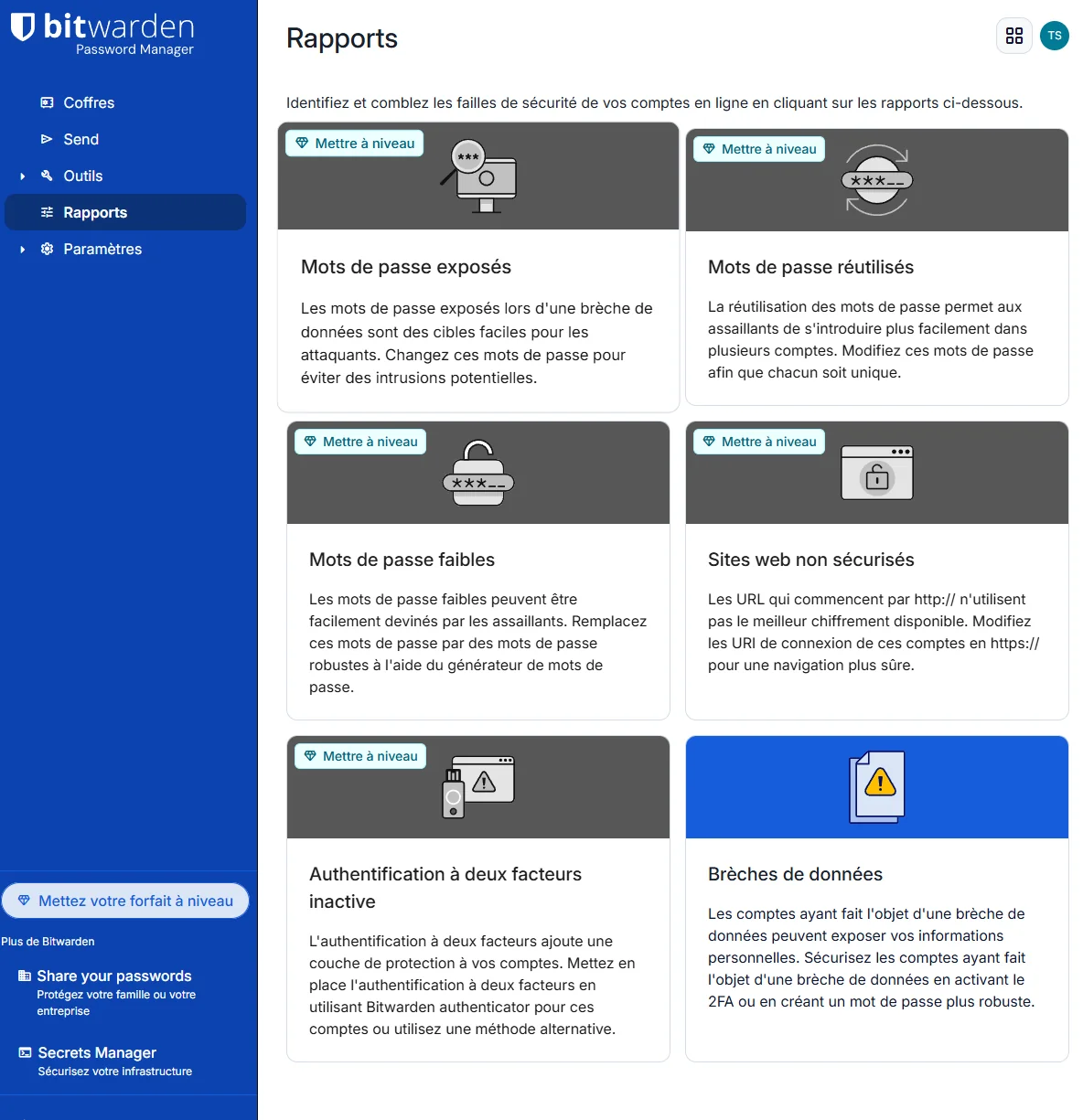 Rapports Bitwarden : cinq rapports marqués Premium, le rapport brèches de données accessible en gratuit