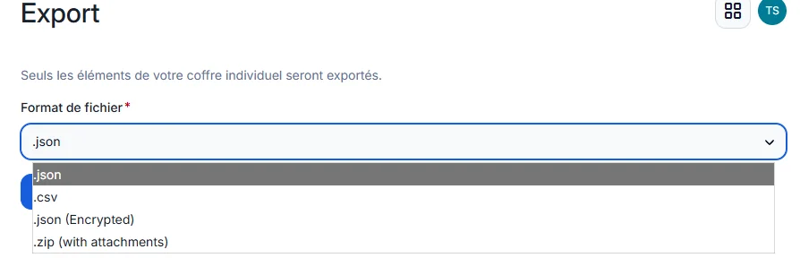 Export du coffre Bitwarden : formats JSON, CSV, JSON chiffré et ZIP, mot de passe principal redemandé
