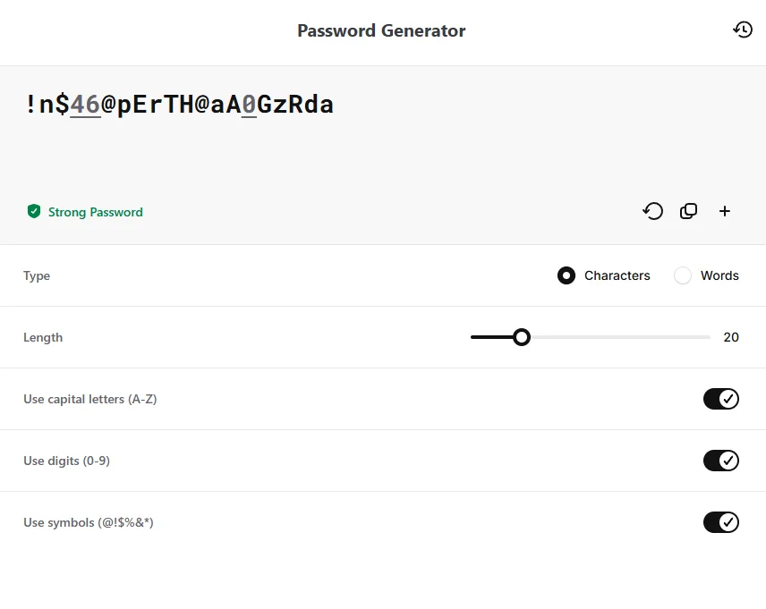 Générateur NordPass en mode caractères : mot de passe de 20 caractères avec majuscules, chiffres et symboles, indiqué Strong Password