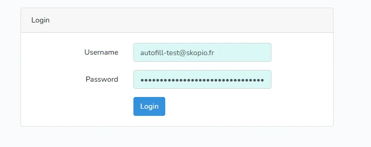 Formulaire de connexion fill.dev rempli par NordPass : identifiant et mot de passe complétés