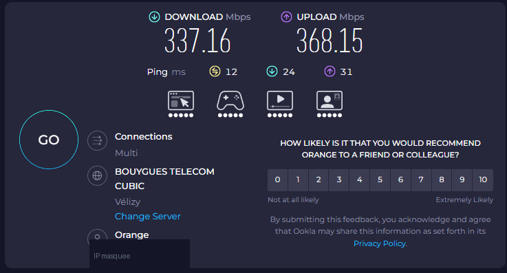 Test de débit speedtest.net sans VPN : 337 Mbps en téléchargement, 368 Mbps en envoi, ping 12 ms