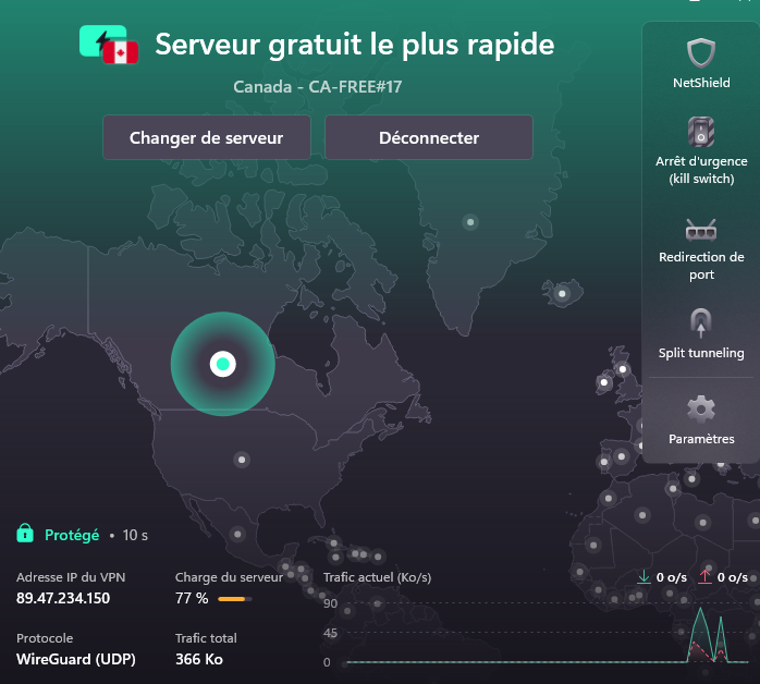 Application Proton VPN Windows connectée au serveur gratuit CA-FREE#17 au Canada en WireGuard