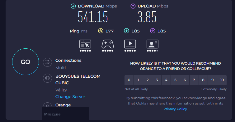 Test de débit speedtest.net avec Proton VPN gratuit connecté : 541 Mbps en téléchargement, 3,85 Mbps en envoi, ping 177 ms