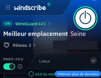 Application Windscribe Windows connectée au serveur Seine en WireGuard port 443, pare-feu activé, 10 Go restants
