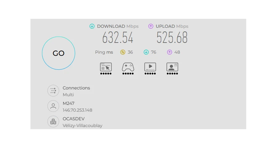 Speedtest avec Windscribe connecté au serveur Seine : 632,54 Mb/s en téléchargement, 525,68 Mb/s en envoi, ping 36 ms