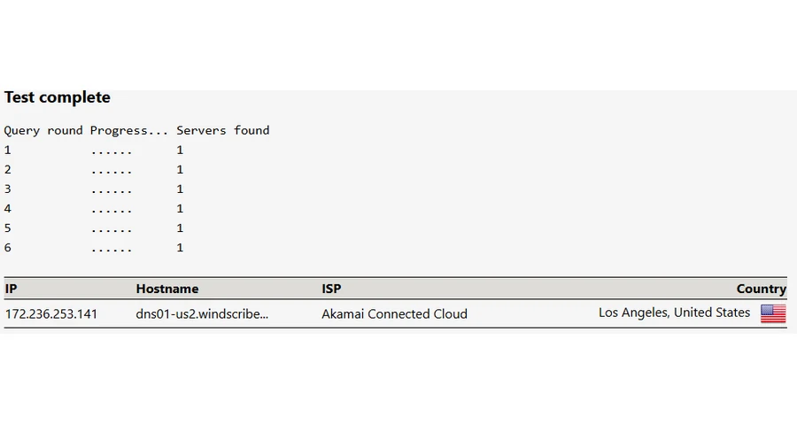 Test DNS étendu sur le serveur Seine : un seul serveur détecté, hôte dns01-us2.windscribe, fournisseur Akamai Connected Cloud, localisé à Los Angeles