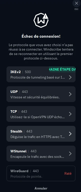 Message « Échec de connexion » de l'application Windscribe sur New York en WireGuard, avec la liste des protocoles de secours IKEv2, UDP, TCP, Stealth et WStunnel