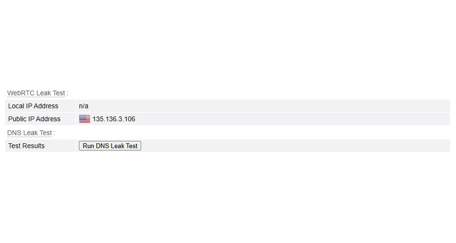 Test WebRTC : adresse locale n/a, adresse publique identique à l'IP du VPN Windscribe